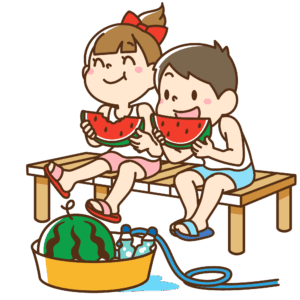 縁側で冷やしたスイカを食べる男女の子供たちのイラスト